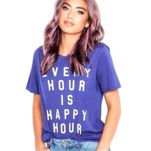 Wildfox Every Hour Is Happy Hour Distressed Hem Short Sleeve Crewneck Tee Shirt